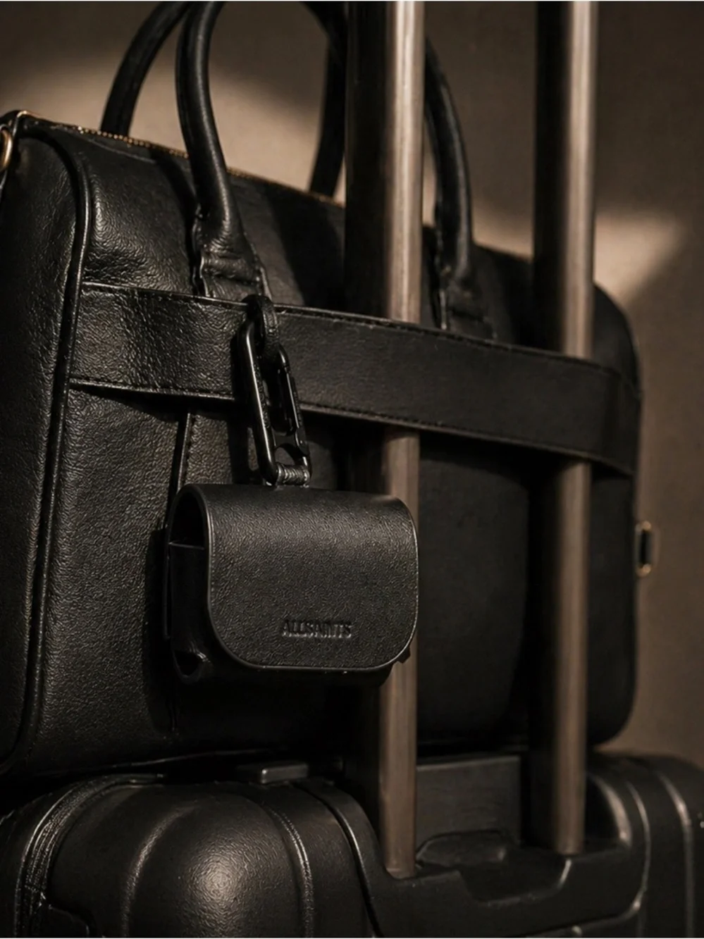 AllSaints Black Leather AirPods Case with Carabiner Clip